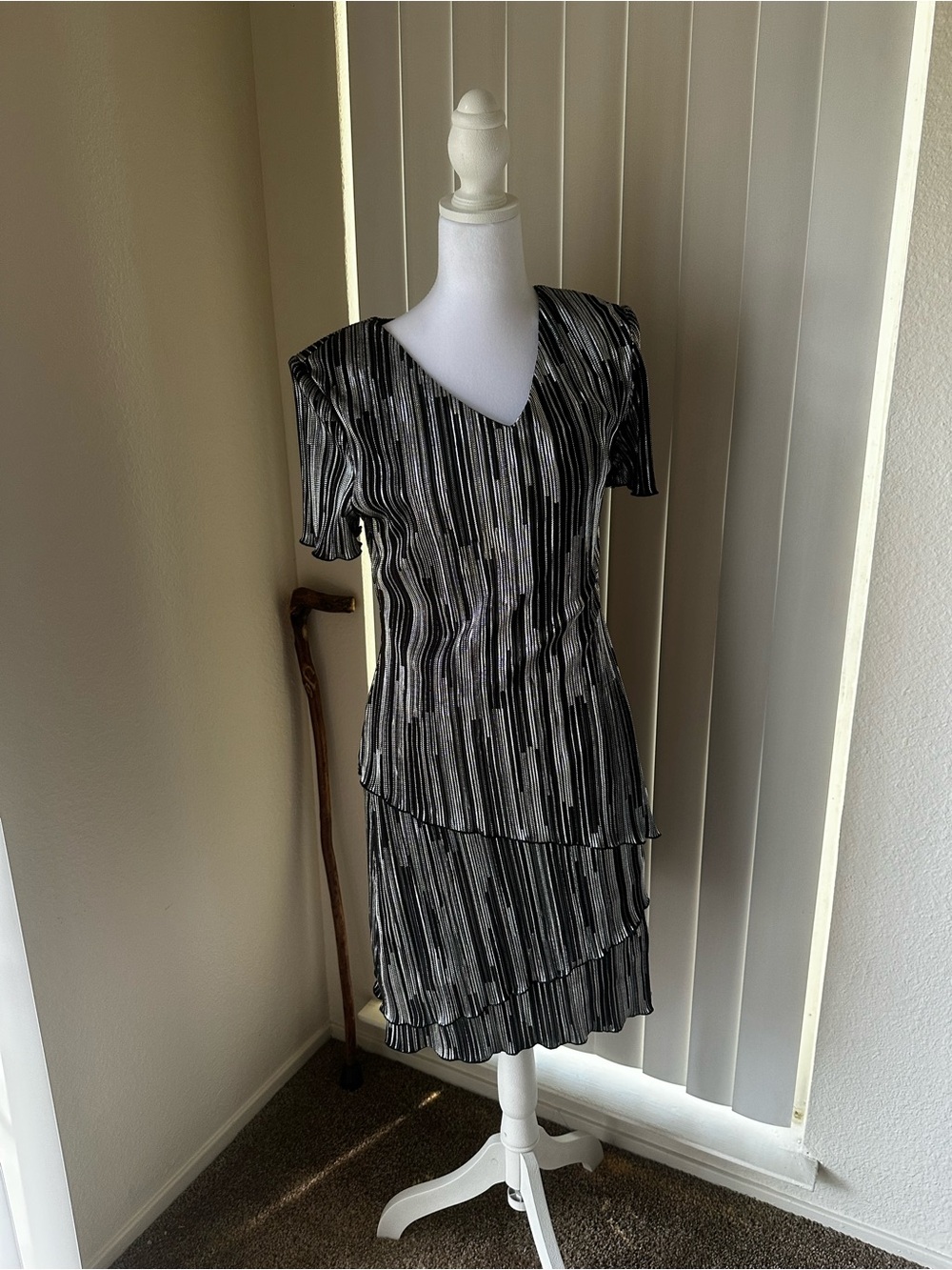 connected apparel Black & Silver Striped V-Neck Tiered Midi Dress